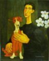 mujer con perro y flores